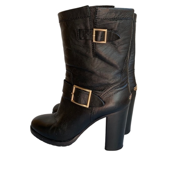 Jimmy Choo Dart Biker Black Leather Moto Combat Mid-Calf Buckle Bootie - Picture 6 of 16